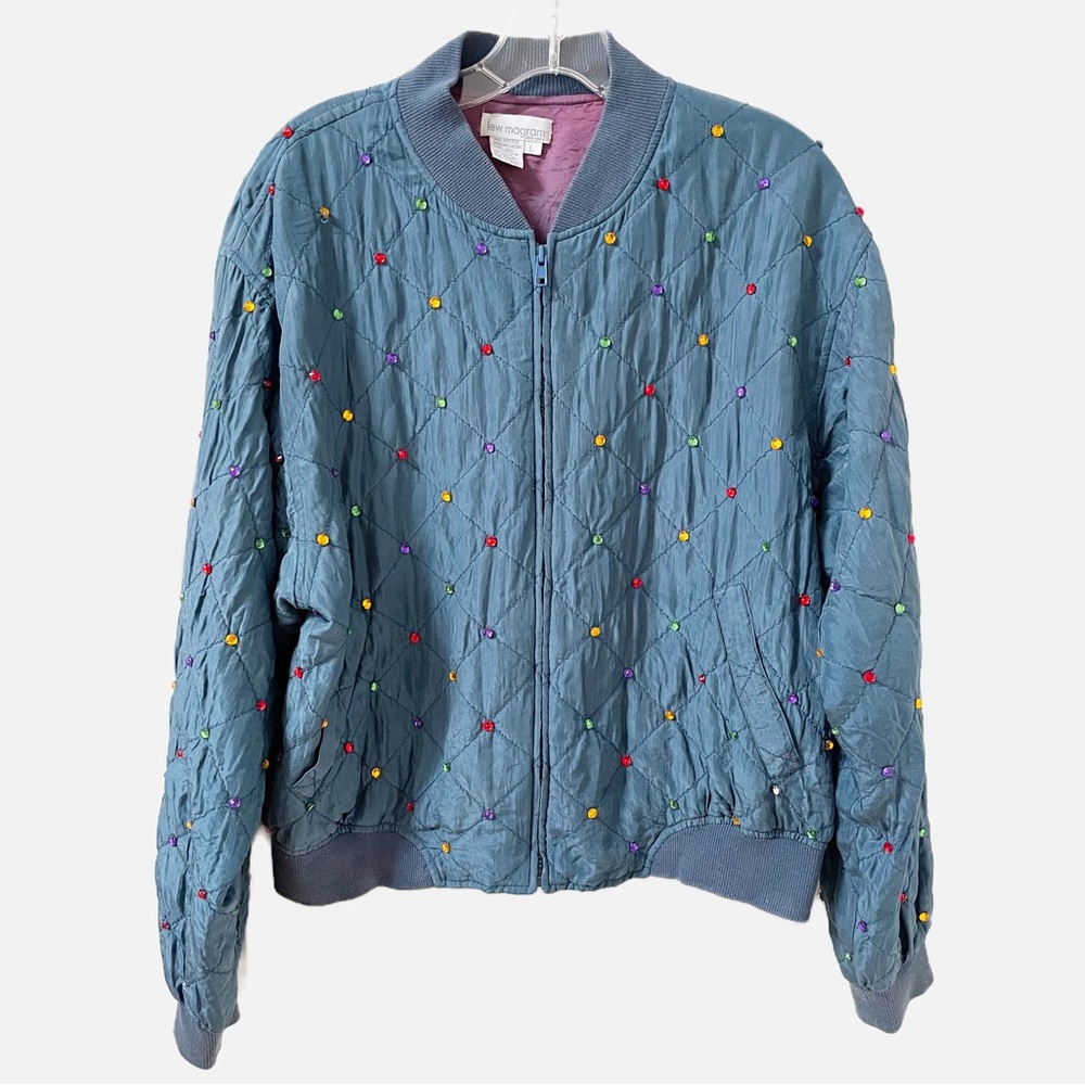 Fun Holiday Vintage Multi Color Rhinestone Bomber Jacket Size Large